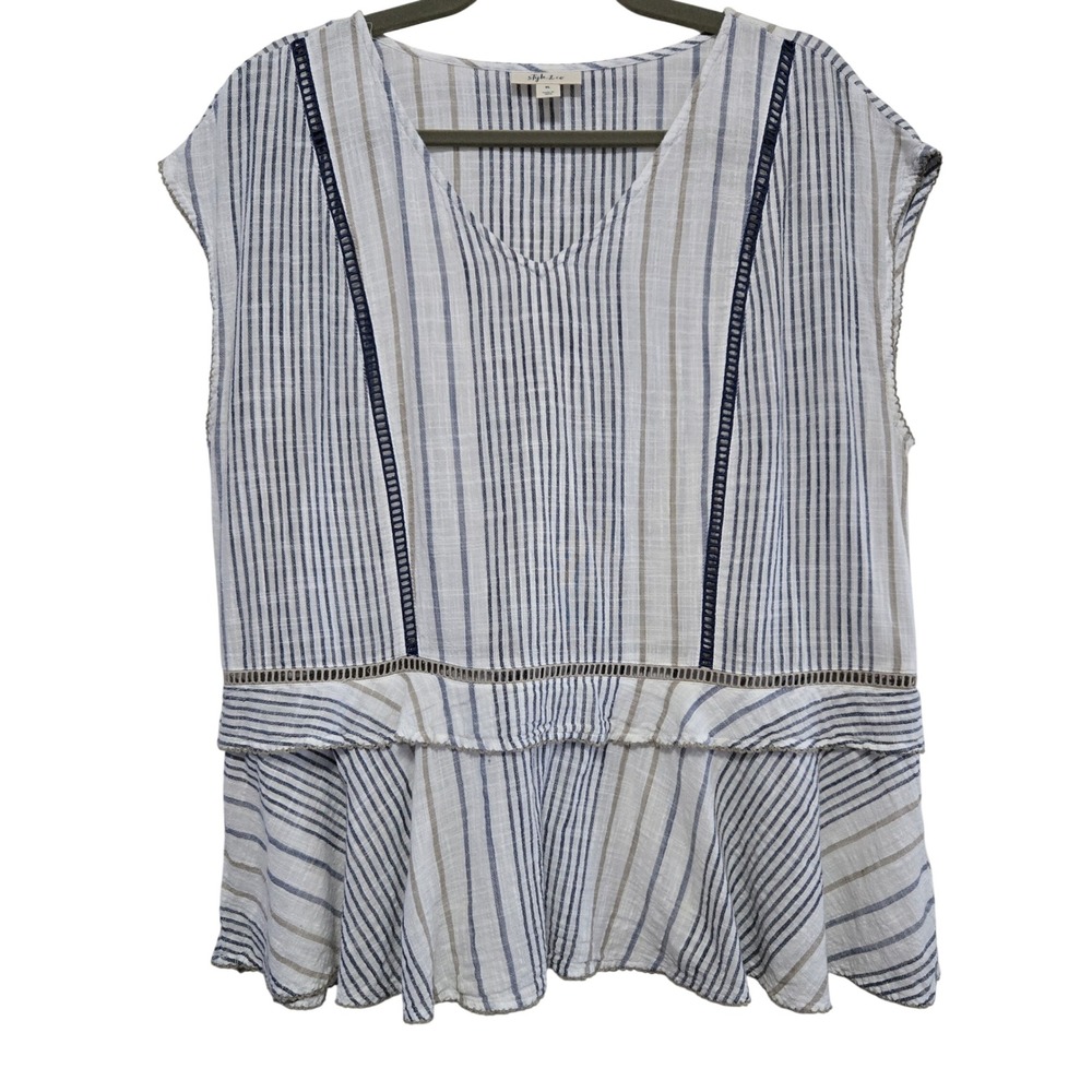 Style & Co Womens XL Boho Blue White Striped Sleeveless Peplum Top Crochet Trim
